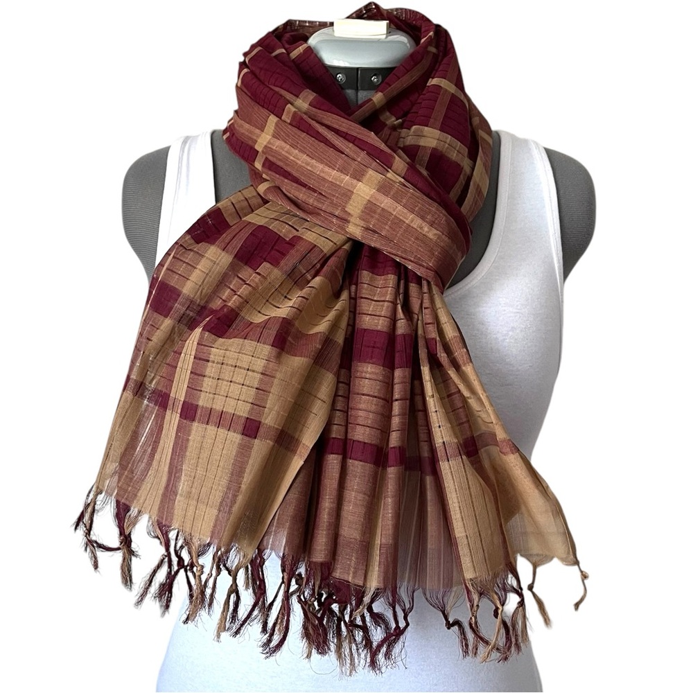 April Cornell sheer plaid cotton fringed scarf
